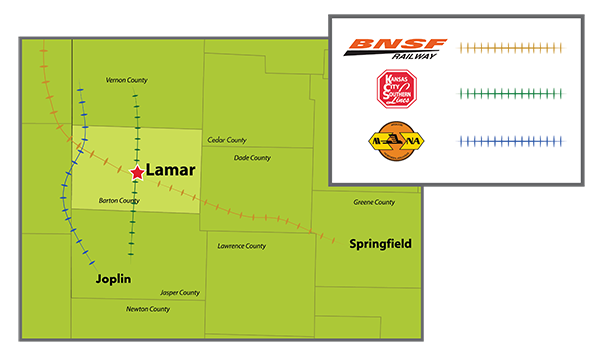 Barton County 密苏里州 Rail Map - BNSF - KSCL - MoNArk