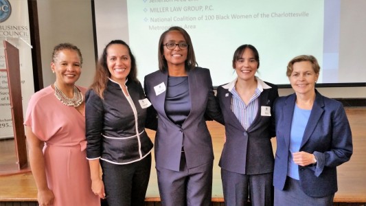 Pamela Sutton-Wallace, UVA Medical Center CEO; Dr. RaShall Brackney, Chief of the Charlottesville Police Department; Dr. Carla Williams, Hollie Lee, and Kathy Galvin, Charlottesville City Councilwoman