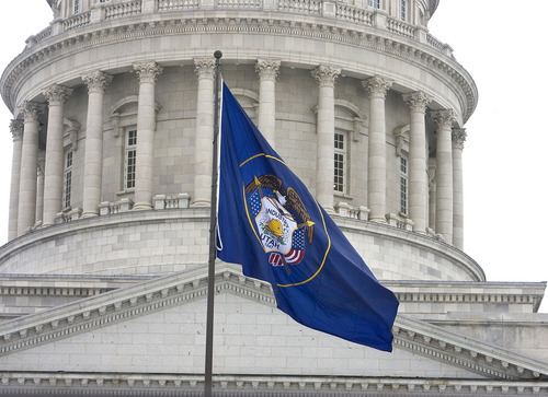 Utah_Flag_Public_Policy Al Hartmann | The Salt Lake Tribune
The new design of the corrected Utah State flag flies above the state capitol on Wednesday March 9. HCR 2, the Utah State Flag Concurrent Resolution passed earlier earlier in the legislative sesssion makde small design changes to the Utah State Flag.