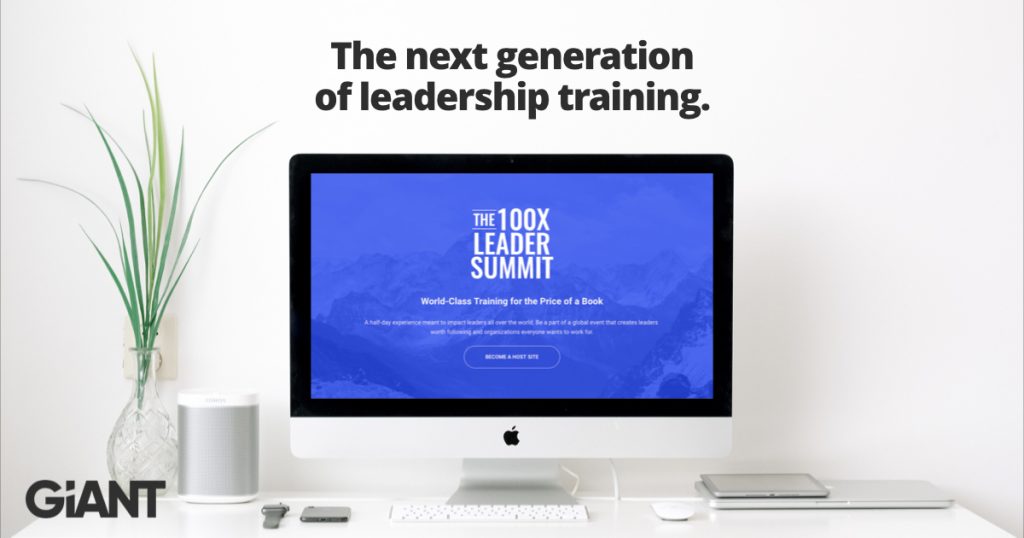 The 100X Leader Summit description banner Banner with a computer monitor and the text the next generation of leadership training to promote the 100X Leader Summit.