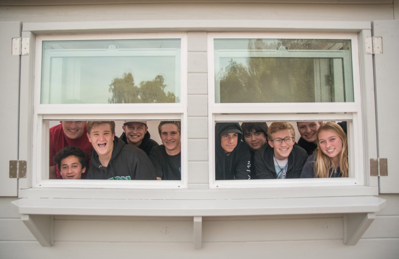 1228_FNT-L-BITA.05.JPG Some of the 60 students from Brea Olinda High School's Building Industry Technology Academy look out from the volunteer kiosk that they built for the Fullerton Arboretum. (Photo by Michael Kitada, Contributing Photographer)